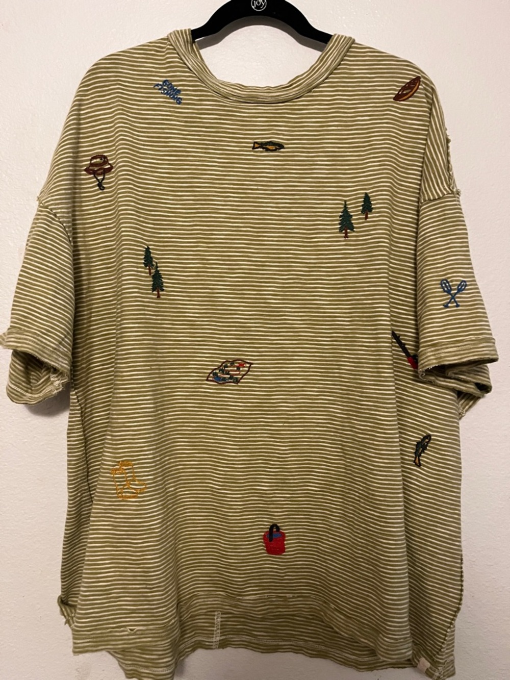 Free People Olive Green Striped Embroidered Short-Sleeve Shirt